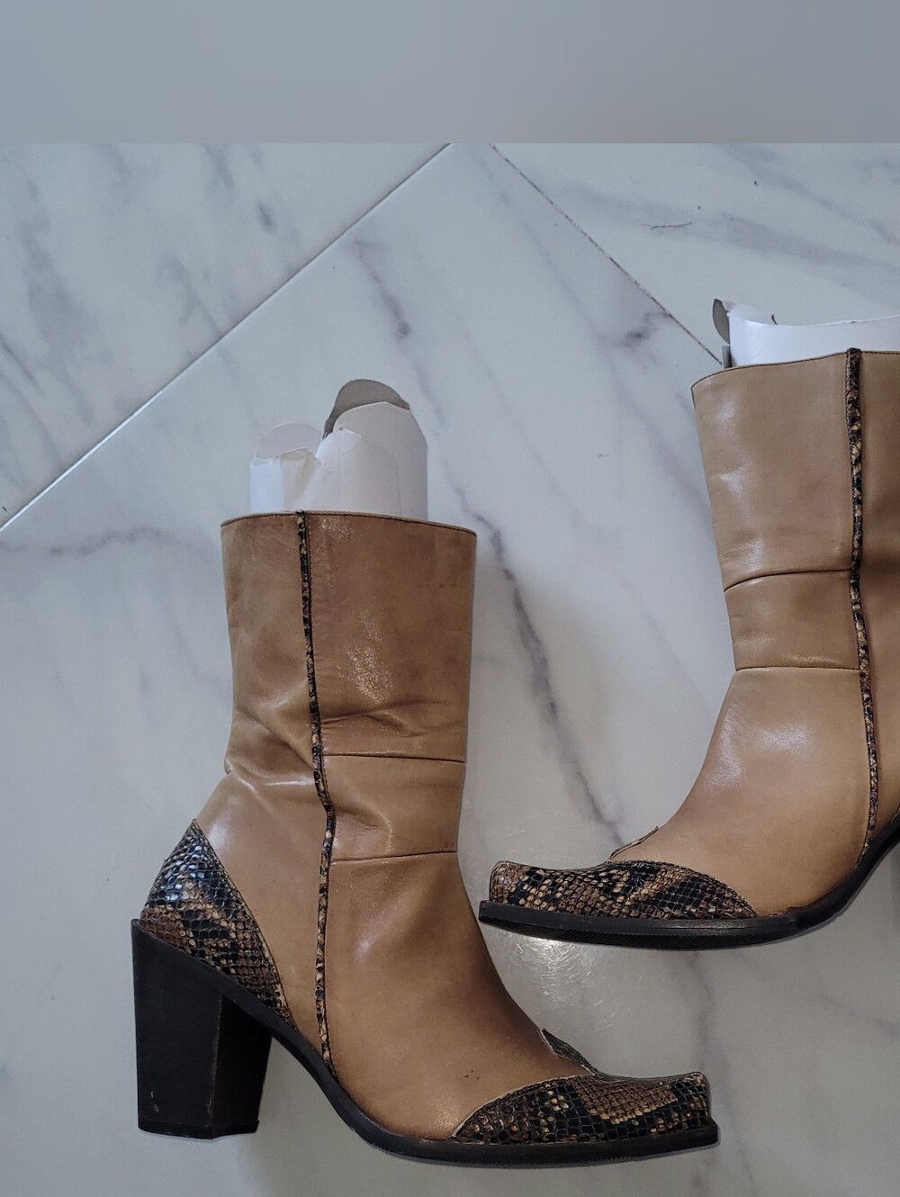MADE IN ITALY Tan Western-Style Block Heel Boots with SNAKE REAL LEATHER